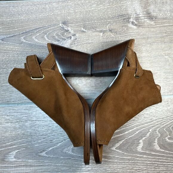 Frye Dani Shield Women’s Sz 7M Brown Suede Slingback Buckle Peep Toe Mules Heels - Picture 10 of 12